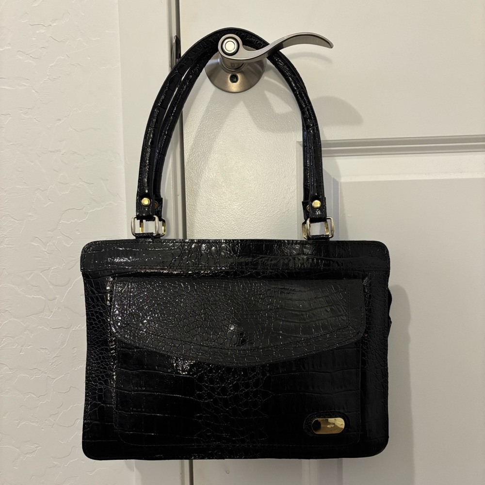 Black Croc-Embossed Leather, Alligator Purse Tote Shoulder Bag, Old Money